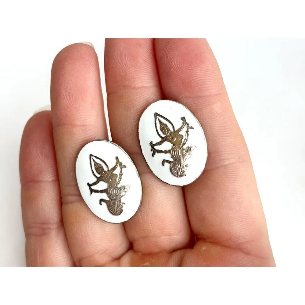 Siam Sterling White Dancing Angel Oval Vintage Men's Sterling Silver Cufflinks